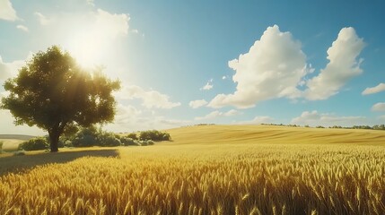 Fototapeta premium Scenic Countryside Landscape Golden Wheat Fields Clear Skies Warm Sunlight Beauty