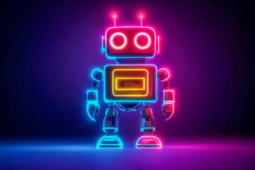 Futuristic neon robot illustration with glowing cyberpunk aesthetics. Minimalist digital artwork featuring bright neon lines, AI technology, and sci-fi innovation