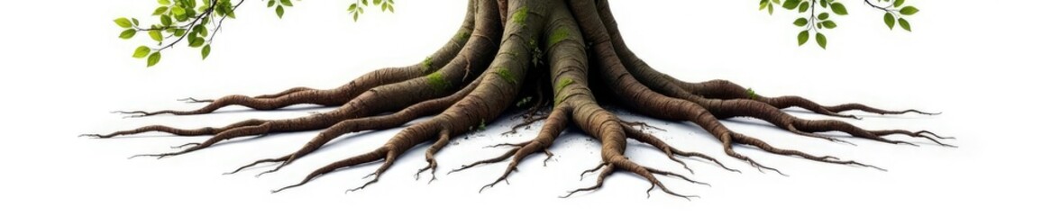 Fototapeta premium Twisted tree roots spread on a white background, foliage, twigs, rustic