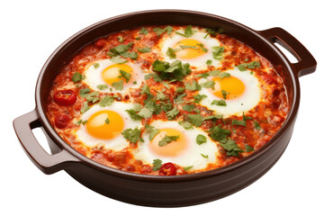 Pan of shakshuka with vibrant red tomato sauce, poached eggs, isolated on white background