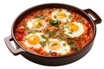 Pan of shakshuka with vibrant red tomato sauce, poached eggs, isolated on white background