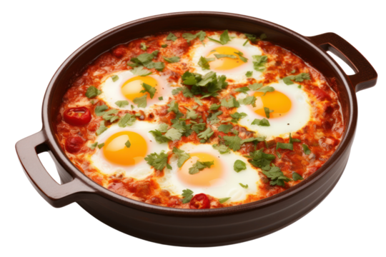 Pan of shakshuka with vibrant red tomato sauce, poached eggs, isolated on white background