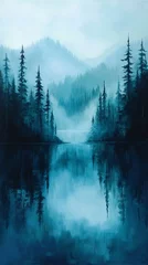 Fototapete Wald im Nebel a picturesque misty lake scene with a serene reflection of the forest.  © dgpatel