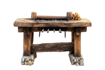 Rustic outdoor grill made from natural wood and stone for summer barbecues and gatherings isolated on transparent background