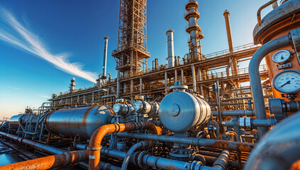 Industrial oil and gas refinery with rusted pipelines and pressure gauges under clear blue sky, energy production and heavy industry concept