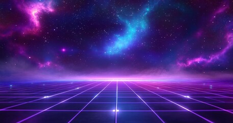 Futuristic background grid with neon purple and blue lighting, a space sky, stars, nebula.