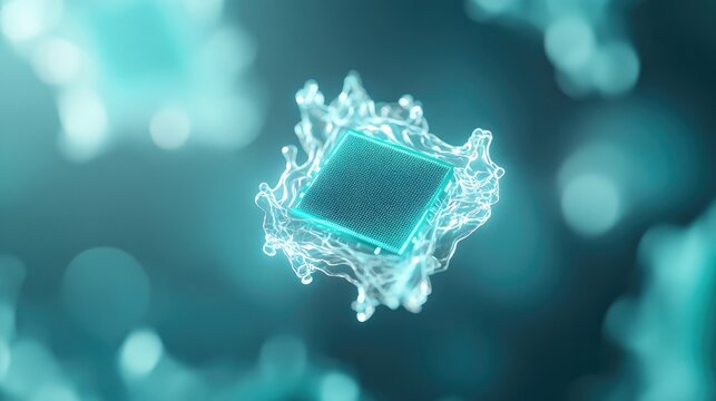 surreal abstract composition featuring glowing biochip embedded within organic tissue symbolizing fusion of biology