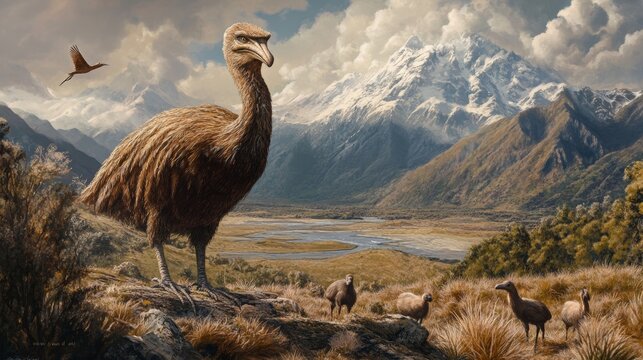 An extinct giant moa bird towering above smaller animals in a New Zealand landscape. 