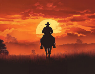 Silhouette of cowboy on horseback at sunset
