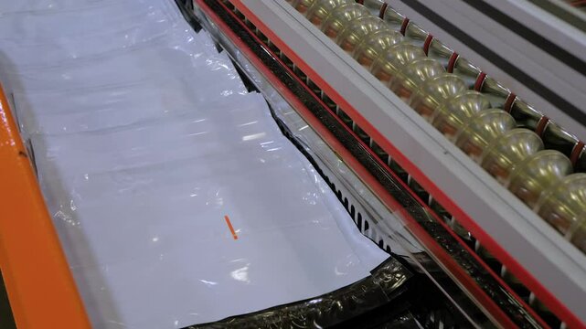 Automated plastic mailing bag production at factory, plant - finished packages are being stacked and prepared for logistics and shipping. Close up: man's hand inspecting finished production quality