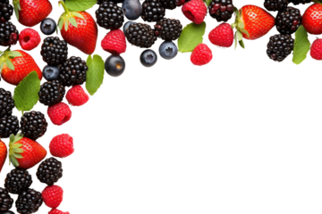 Assortment of seasonal berries like strawberries, blackberries, creating a blank center area ideal for text