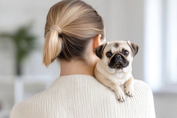 A woman holding a pug dog on her shoulder in a cozy indoor setting
