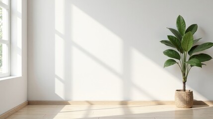 Sunlit Minimalist Interior Featuring a Potted Plant in a Woven Basket Against a White Wall