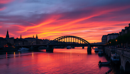 Naklejka premium Sunset Over a Historic European Bridge and River – Breathtaking Cityscape