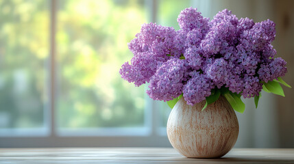 Lilac spring flowers bunch violet in vase on table next to a window
