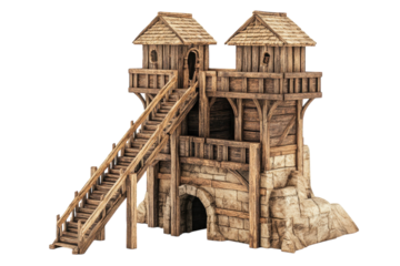 A rustic wooden castle with twin towers and a grand staircase set in a fantasy landscape isolated on transparent background