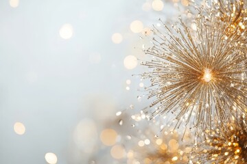 Fototapeta premium Golden fireworks burst with a sparkling bokeh effect on a soft white background. Luxurious, festive, and elegant, perfect for New Year celebrations, holiday themes, and decorative designs.