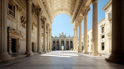 Obraz premium Classical Architecture Exterior View Of Grand Hallway With Columns Arches and Daylight