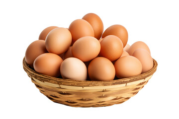 A side view of a basket overflowing with eggs set on a simple wooden table with visible grain patterns isolated on white background