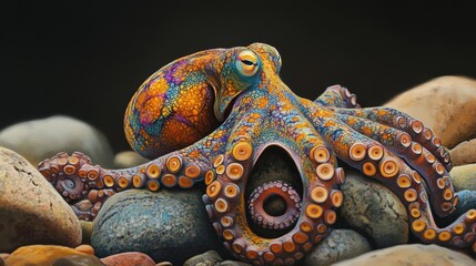 Fototapeta premium An octopus camouflaged among rocks with its vibrant skin. 