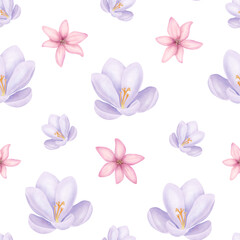 Purple crocuses and pink flowers seamless pattern. Delicate hand-drawn illustration in watercolor style. Floral background for printing and textile design