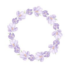 Purple crocuses round frame isolated on white. Spring flowers and green leaves wreath in watercolor style. Hand drawn design element for wedding invitations and greeting cards