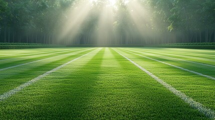 Obraz premium A lush green sports field with vibrant white lines running across the surface creating a visually striking and well manicured playing area illuminated by the warm