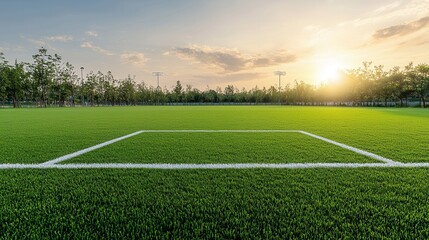 Obraz premium Stunning panoramic view of a perfectly manicured sports field with bright green grass and white painted lines for soccer or football games