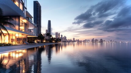Fototapeta premium Luxury waterfront view showcasing a modern skyline at dusk in a vibrant city
