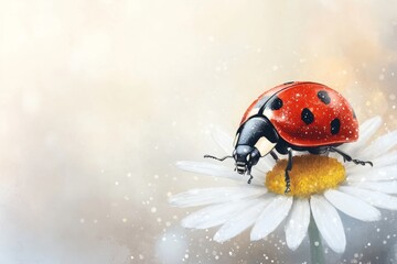 A soft watercolor painting of a ladybug resting on a daisy, with delicate brushstrokes blending the colors of the flower and insect