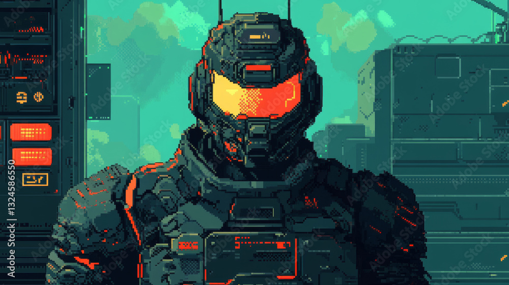 Fototapete Character Cyborg in an abstract computer video game in menu frame, interface with buttons game menu. Interface computer video game about robotics battle. Screenshot of a video game. Pixels text menu.