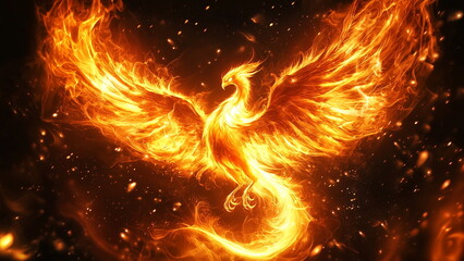A mythical fire Pheonix burning in flame, majestic creature, glowing in a dark background