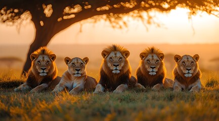 Pride of Lions Resting Under the Shade of an Acacia Tree in Savanna – Generative AI