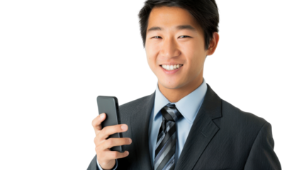 Smiling businessman holding smartphone on transparent background
