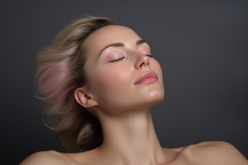 Fototapeta premium Portrait of Young Woman with Blond Hair, Perfect Skin, and Natural Makeup on Gray Background
