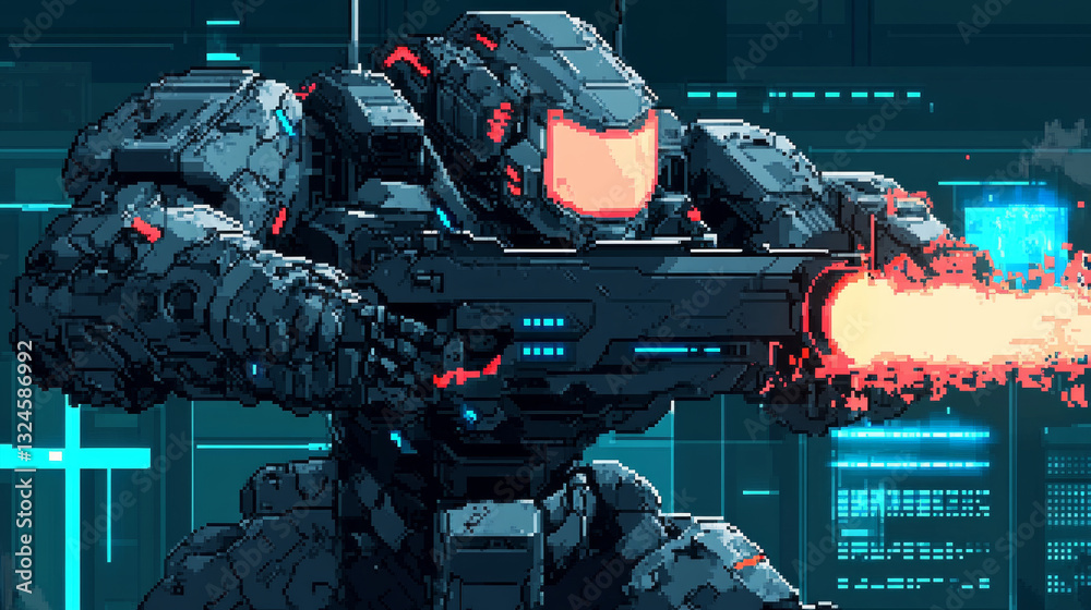 Fototapete Character Cyborg in an abstract computer video game in menu frame, interface with buttons game menu. Interface computer video game about robotics battle. Screenshot of a video game. Pixels text menu.