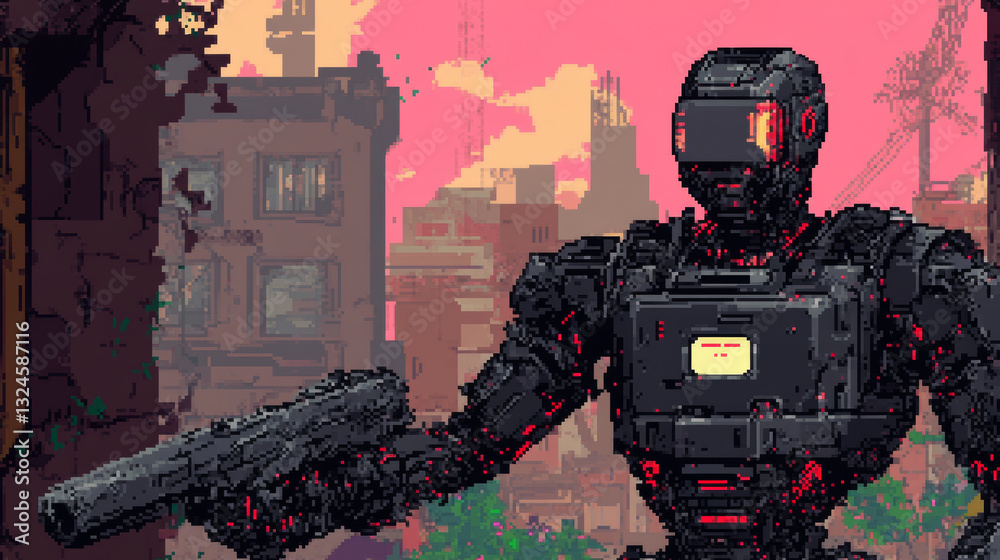 Fototapete Character Cyborg in an abstract computer video game in menu frame, interface with buttons game menu. Interface computer video game about robotics battle. Screenshot of a video game. Pixels text menu.