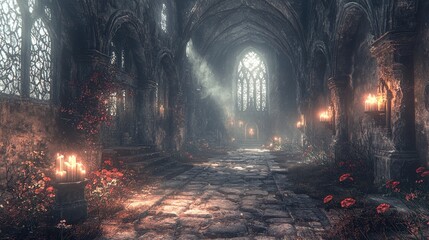 Illuminated architecture of an ancient cathedral ruin, stone and candlelight