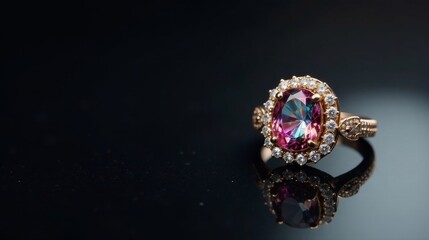 Naklejka premium A radiant gemstone ring, showcasing a mesmerizing multicolored oval stone encircled by a halo of brilliant diamonds, rests elegantly on a dark reflective surface.
