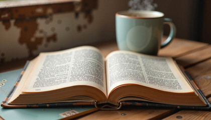 Cozy travel planning with open guidebook and coffee, wanderlust