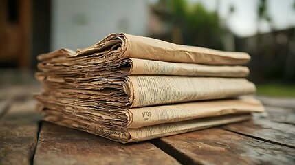 Stacked old papers on wood table, blurred outdoor background, for archiving or history concepts