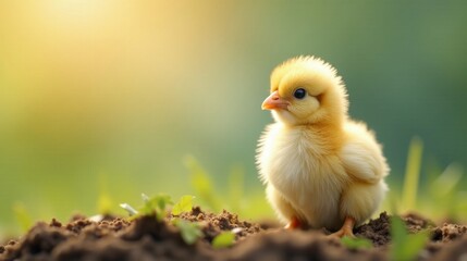 A fluffy yellow chick explores its new world, bathed in the warm glow of the morning sun, amidst sprouting vegetation and fertile earth.