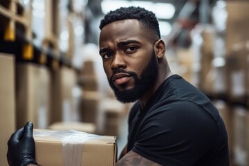 Obraz premium Warehouse worker wrapping luxury items with care in busy environment Generative AI