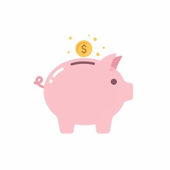Illustration of a pink piggy bank with a gold coin and sparkles, symbolizing savings and finance. Isolated on a white background, ideal for financial and educational designs.