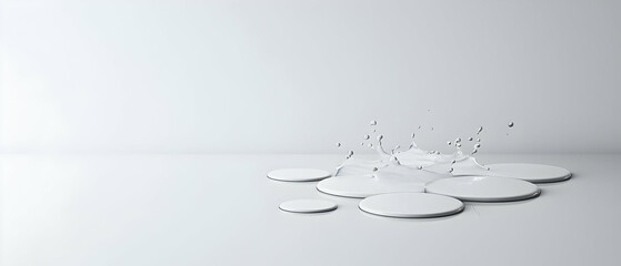 Dynamic Water Splash on Multiple White Circular Platforms Against a Bright White Backdrop in Soft Light