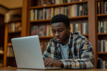 a young man sitting at a desk in front of a bookshelf, working on a laptop.