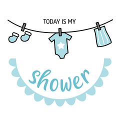 "Today Is My Shower Party" Baby Shower T-Shirt Design - Cute and Festive Graphic with Baby Clothes, Stars, and Baby Shower Icons for Expecting Mothers and Baby Shower Celebrations