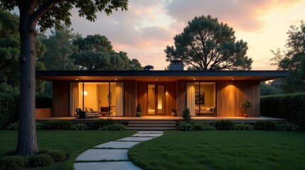 Modern Wooden House at Dusk, Serene Landscape, Tranquil Setting, Pathway to Entry