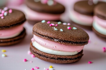 Chocolate macarons with vibrant hues: A close-up shot of delectable chocolate macarons, each boasting a creamy, colorful filling and adorned with sprinkles, set against a soft.