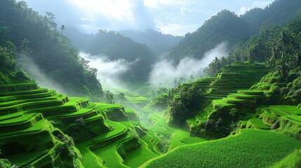 Misty Green Rice Terraces in a Mountain Valley